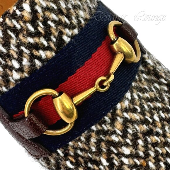 NEW GUCCI Horsebit Herringbone Tweed & Leather Loafers G 8 / US 8.5 Authentic - Picture 5 of 10